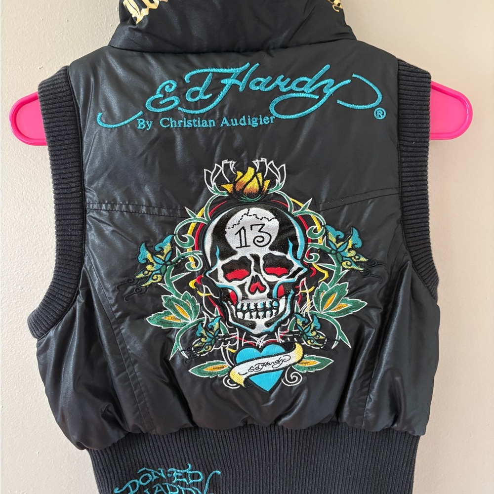 Ed Hardy Black Vest with Skull and Floral Embroidery - Picture 2 of 13